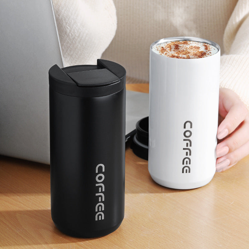 White Sleek Insulated Stainless Steel Coffee Tumbler Set (400ml & 500ml) - One-Touch Lid Travel Mugs